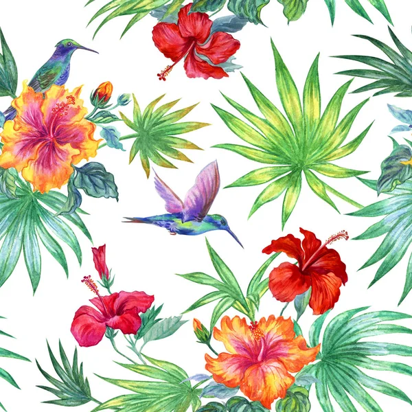 Seamless Pattern Hummingbirds Palm Fronds Hibiscus Watercolor — Stock Photo, Image