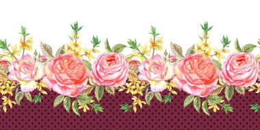 Pembe İngilizce gül ve dal hor çiçeği, suluboya nabordovom arka plan polka noktaları ile sorunsuz sınırı