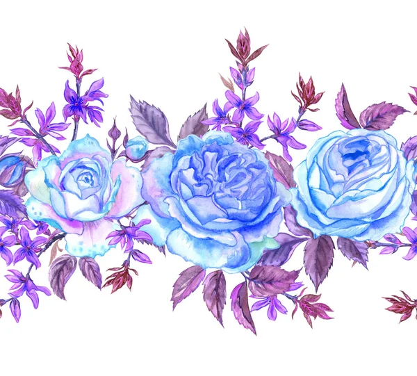 蓝色玫瑰和树枝无缝边框 白色背景水彩图案 — 图库照片