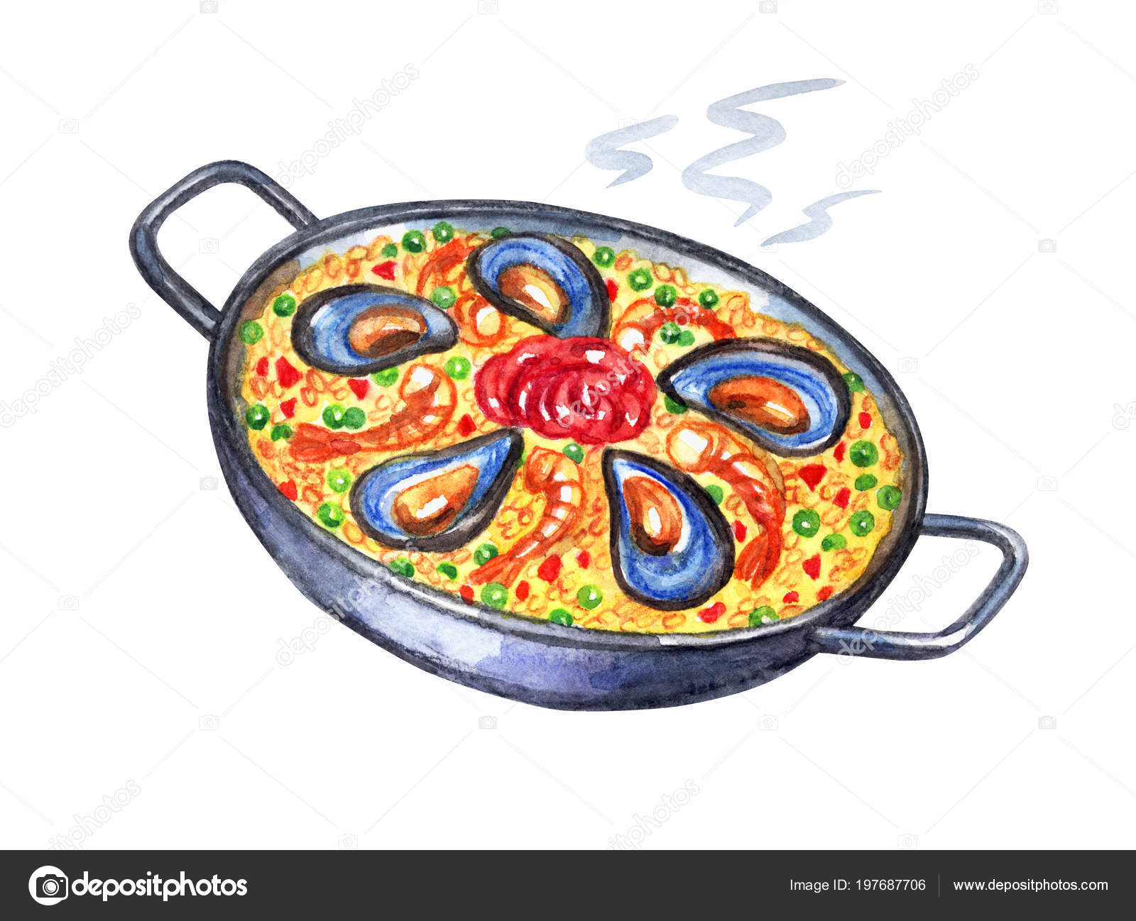 Plat Espagnol Paella Dans Une Poêle Dessin L'aquarelle Sur Fond —  Illustration de stock par ©Ollga P_09 - 197687706, image size:1600x1298
