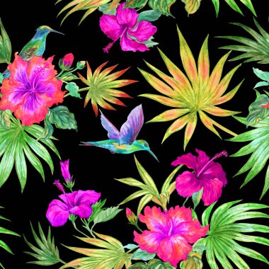 Sorunsuz suluboya sınır sinek kuşlarının, ebegümeci ve palmiye yaprakları