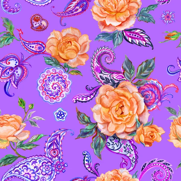 Seamless Watercolor Pattern Tea Roses Paisley — Stock Photo, Image