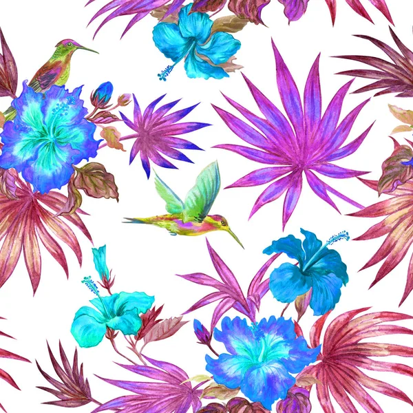 Seamless Watercolor Pattern Hummingbirds Hibiscus Palm Leaves — Stock Photo, Image