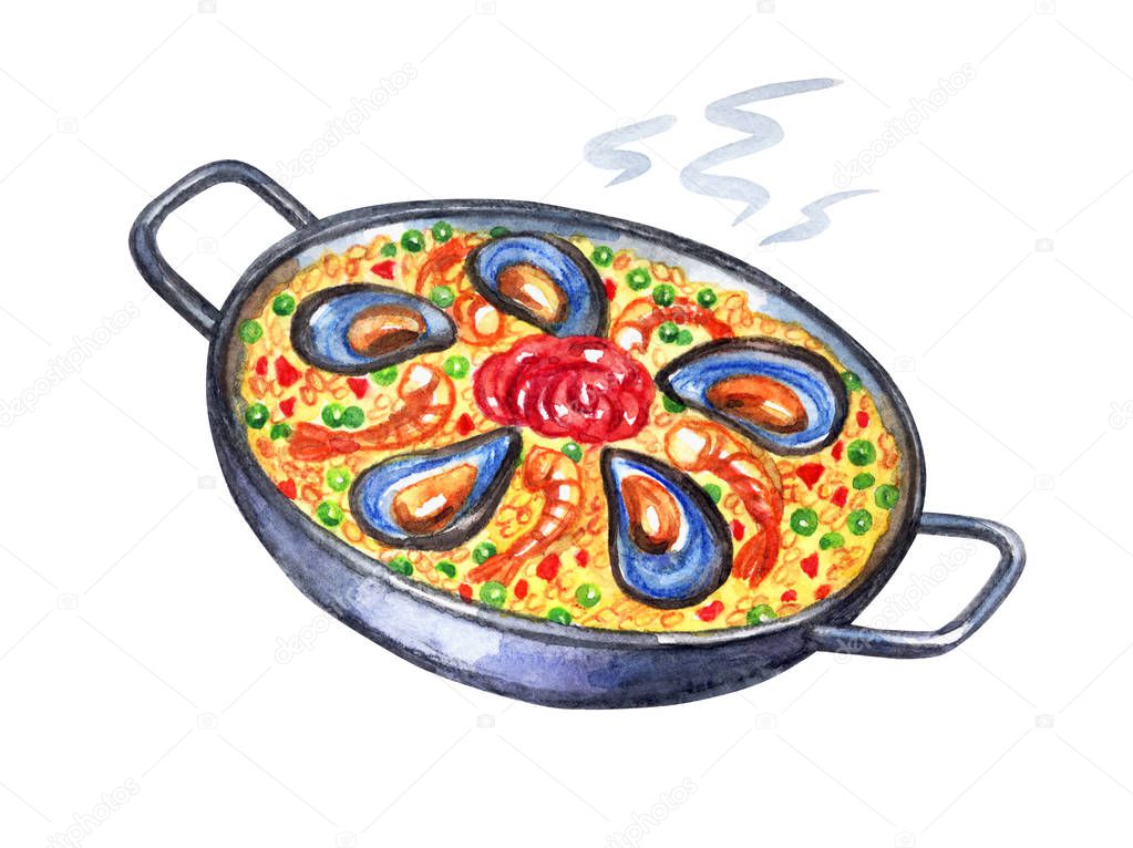Spanish dish of paella in frying pan, watercolor drawing on white background.