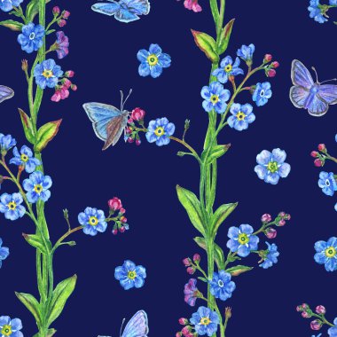 Dikişsiz desen korun ve kelebekler, suluboya resim çizme