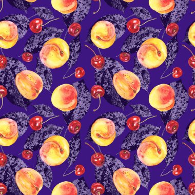 Şeftali ve kiraz, mor bir arka plan üzerinde çizim suluboya seamless modeli.