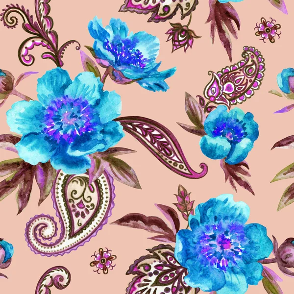 Padrão Sem Costura Peônias Azuis Paisley Ornamento Nacional Indiano Buta — Fotografia de Stock