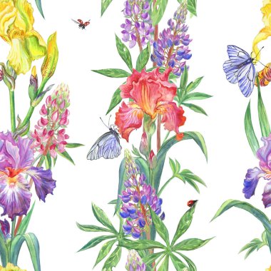 Süsen ve lupines sorunsuz suluboya desen