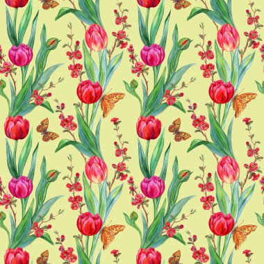 Lale, kelebekler ve çiçekli ayva dalı Dikişsiz suluboya desen.