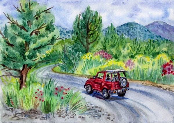 Mountain landscape with a car, watercolor drawing.