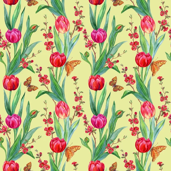 Seamless watercolor pattern of tulips, butterflies and branches of flowering quince.