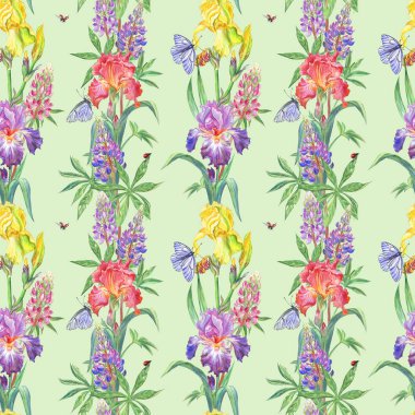 Süsen ve lupines sorunsuz suluboya desen