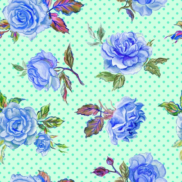 水玉の背景に青いバラの水彩画のシームレス パターン — ストック写真