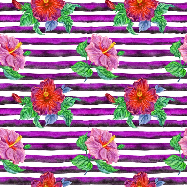 Seamless Watercolor Pattern Hibiscus Flowers Striped Background — Stock Photo, Image