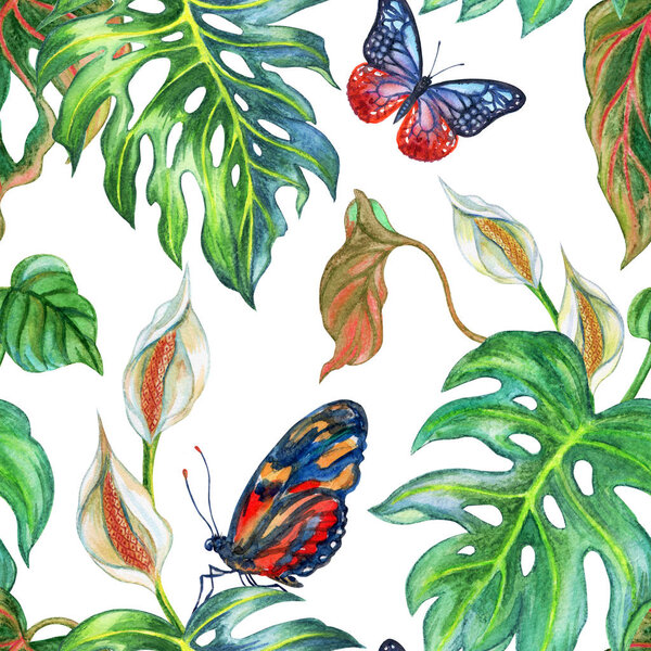 Seamless watercolor pattern from tropical plants and butterflies.