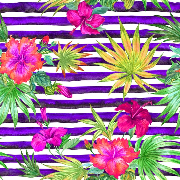 Seamless Watercolor Pattern Hibiscus Palm Leaves Striped Background — Stock Photo, Image