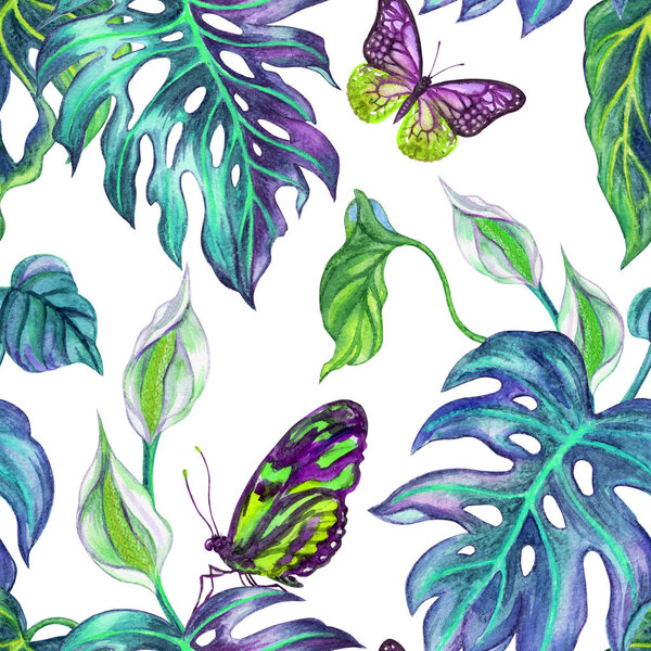 Seamless watercolor pattern from tropical plants and butterflies.