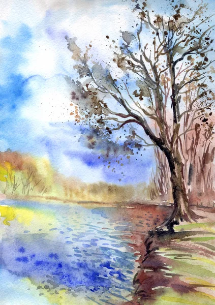 Spring landscape with a pond and trees, watercolor painting.