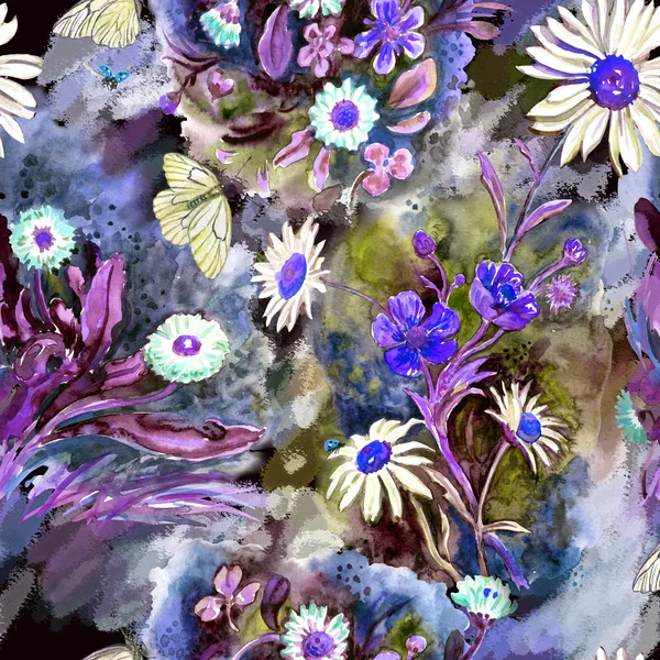 从野花的无缝水彩图案 Chamomiles 和毛茛蝴蝶和瓢虫 — 图库照片