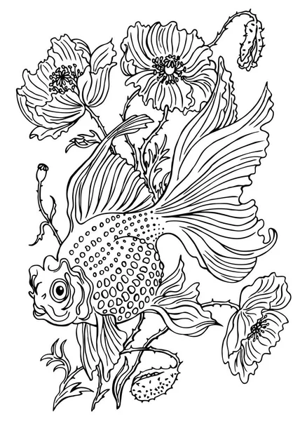 Pez Dorado Flores Amapolas Contorno Ilustración Vectorial Blanco Negro — Vector de stock