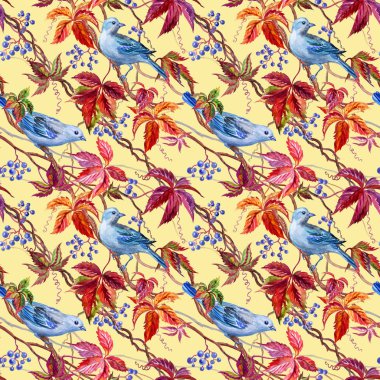 Mavi kuşlar ve yabani üzüm sorunsuz suluboya desen.