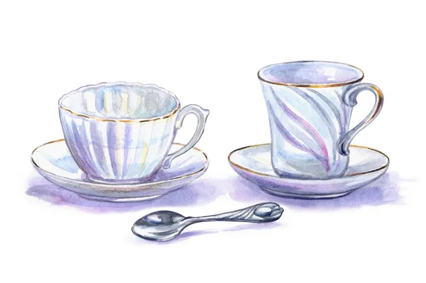 Дві Білі Порцелянові Чашки Чайна Ложка Ілюстрація Білому Тлі Ізольовані — стокове фото