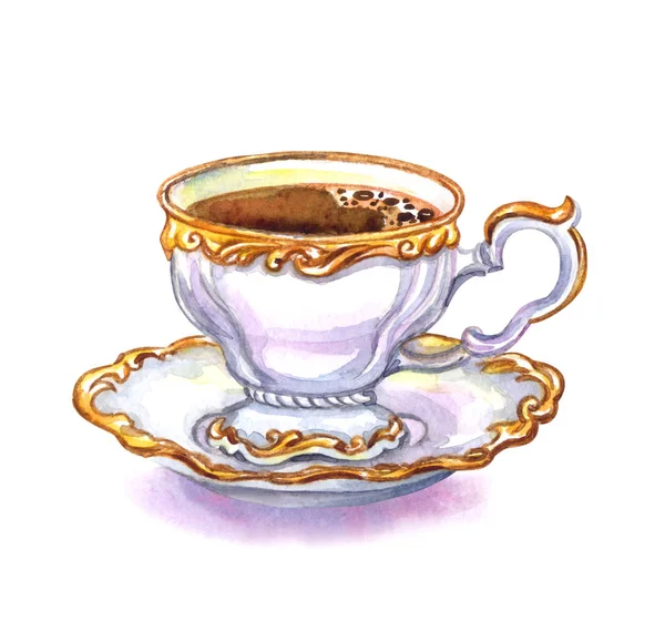 Ancient Porcelain Coffee Cup Gold Pattern Watercolor Illustration White Background — Stock Photo, Image