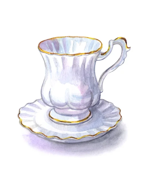 Старовинна Біла Чашка Кави Акварельна Ілюстрація Білому Тлі Ізольована Відсічним — стокове фото