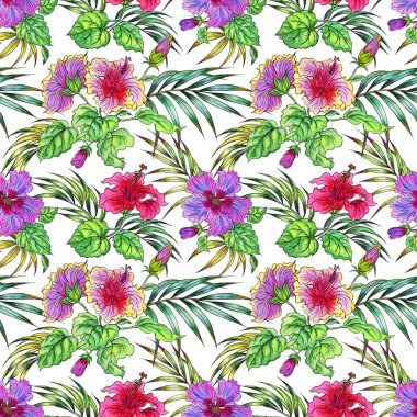 Dikişsiz desen ebegümeci ve palmiye yaprakları, el suluboya çizimi. Kumaşlar, arka planlar ve diğer tasarımlar için tropikal desen.