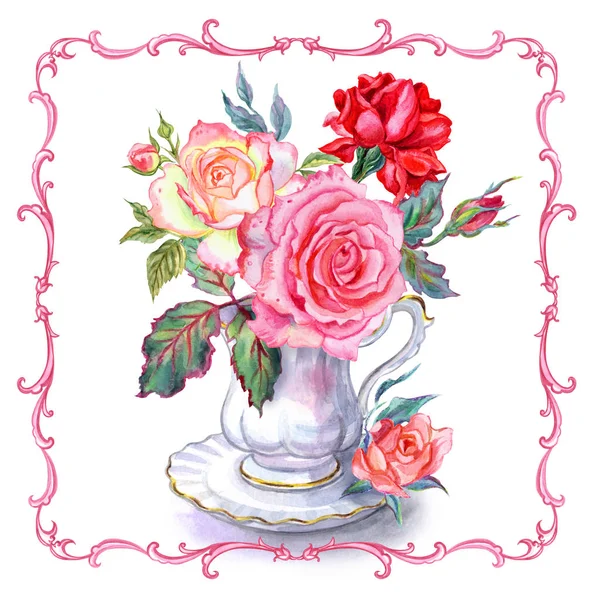 一束玫瑰在古色古香的杯子和在巴洛克式的框架 手画在白色背景 与修剪路径隔绝 水彩贺卡鲜花 — 图库照片