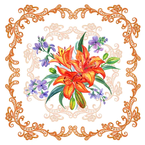 Boeket Oranje Lelies Gillyflowers Een Kant Frame Aquarel Tekenen Een — Stockfoto