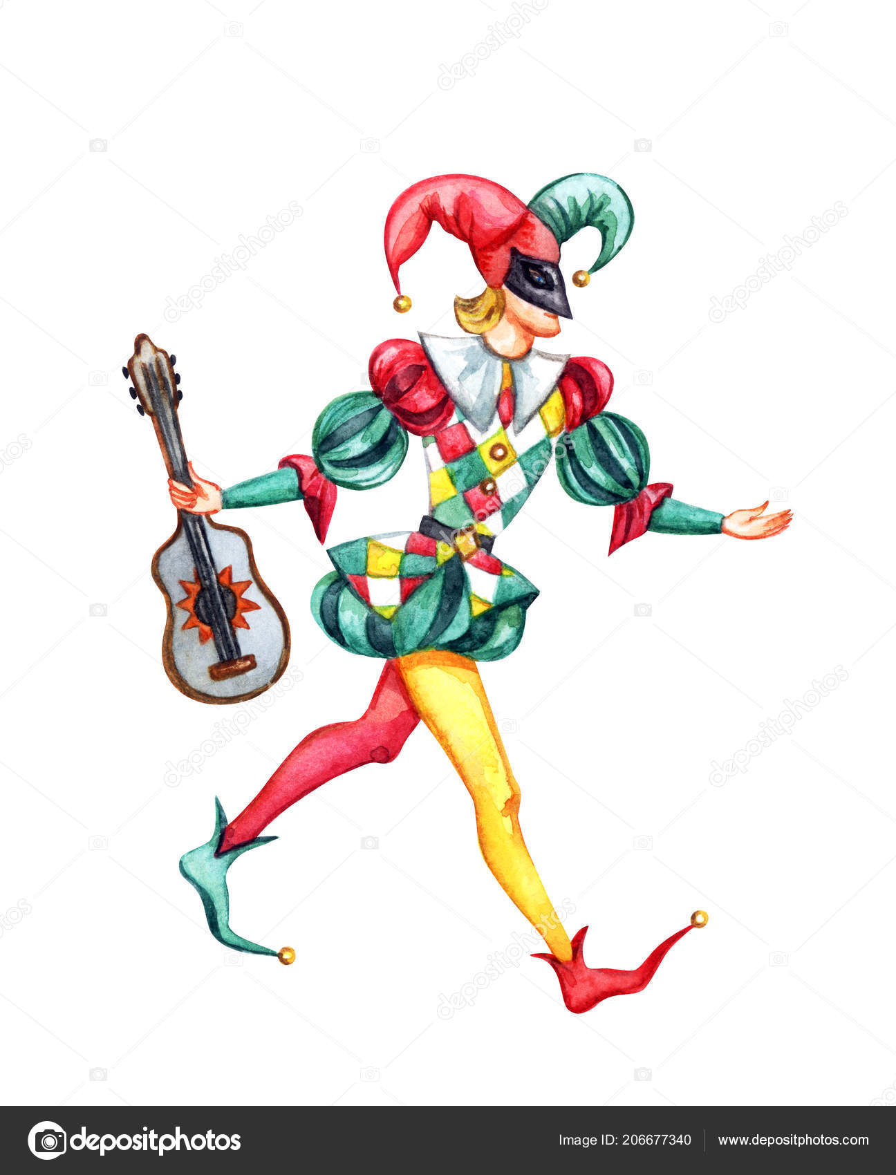 Harlequin Guitar Character Italian Commedia Dell Arte Watercolor Painting White Stock Photo Image By C Ollga P 09