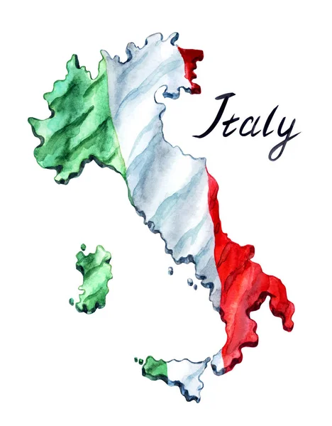 Carte Italie Avec Drapeau Inscription Dessin Aquarelle Sur Fond Blanc — Photo