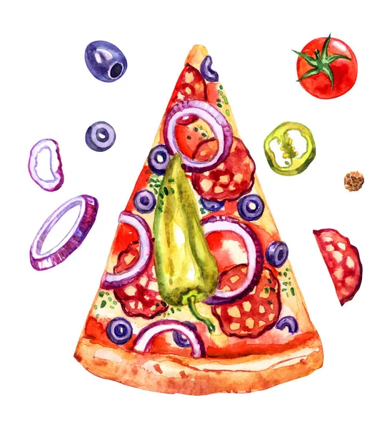 Pizza Diablo Pepper Sausage Tomato Olives Traditional Italian Food Watercolor — Stock Photo, Image