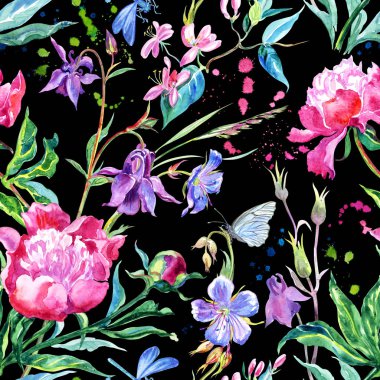 Dikişsiz desen peonies, aquilegia, Hanımeli, sardunyalar, yusufçuk ve kelebekler. Böcekler ile suluboya çiçek Yazdır.