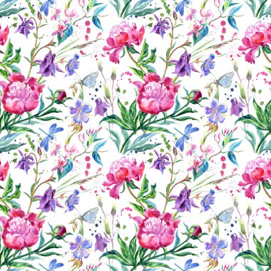 Dikişsiz desen peonies, aquilegia, Hanımeli, sardunyalar, yusufçuk ve kelebekler. Böcekler ile suluboya çiçek Yazdır.