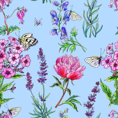 Dikişsiz desen yaz çiçek, el çizimi. Şakayık, bilinen, lavanta, phlox, dicenters ve kelebekler dekoratif arka plan.