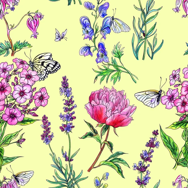 夏の花の手描きのシームレスなパターン トリカブト ラベンダー フロックス Dicenters 蝶の装飾的な背景 — ストック写真