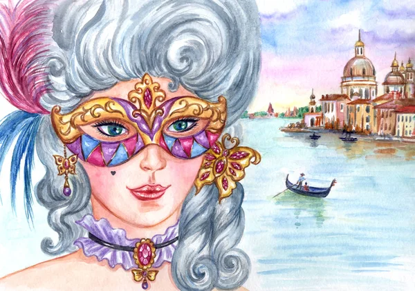 Chica Máscara Traje Barroco Contra Fondo Venecia Ilustración Acuarela — Foto de Stock