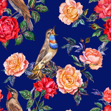 Çiçekler ve kuşlar, çizim suluboya seamless modeli. Gül ve bülbüller, dekoratif baskılar.