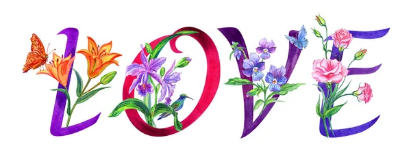 Die Inschrift Liebe Aus Einem Floralen Alphabet Aquarellzeichnung Auf Weißem — Stockfoto