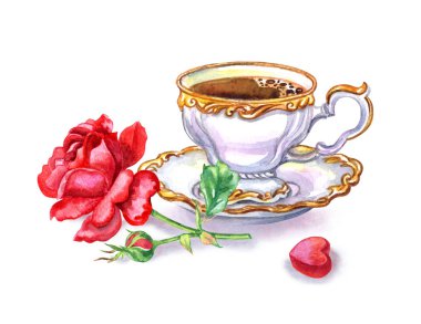 Fincan kahve, çay, kırmızı gül ve kalp, izole, beyaz arka plan üzerinde çizim suluboya şeklinde şeker. Kartpostal gün severler, Doğum günü, vb.