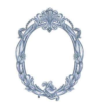 Barok deseni, izole, beyaz arka plan üzerinde boyama suluboya ile gümüş oval çerçeve.