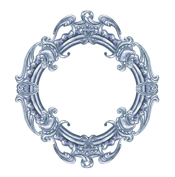 Silberner Runder Rahmen Mit Barockem Muster Aquarellzeichnung Auf Weißem Hintergrund — Stockfoto