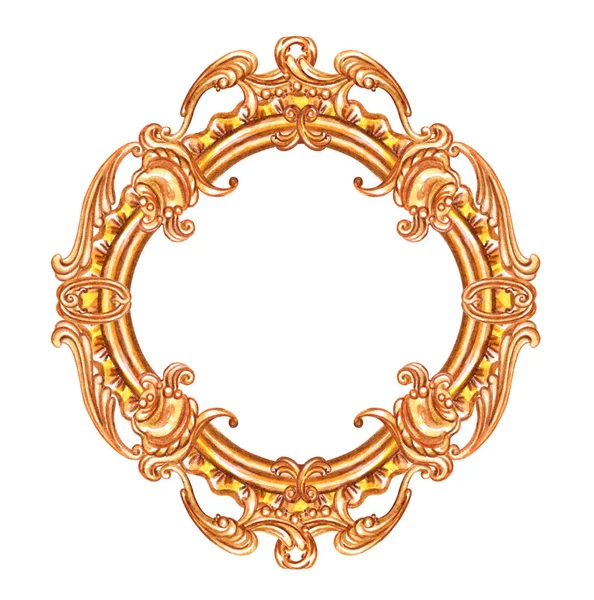 Goldener Runder Rahmen Mit Barockem Muster Aquarellzeichnung Auf Weißem Hintergrund — Stockfoto