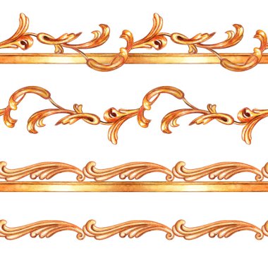Barok, suluboya desen izole beyaz zemin üzerine altın sorunsuz kenarlık.