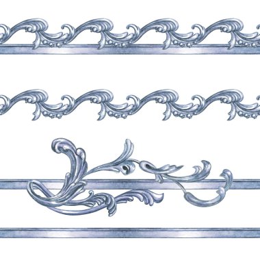 Beyaz arka planda izole, Barok, suluboya deseninin gümüş sorunsuz kenarlık.