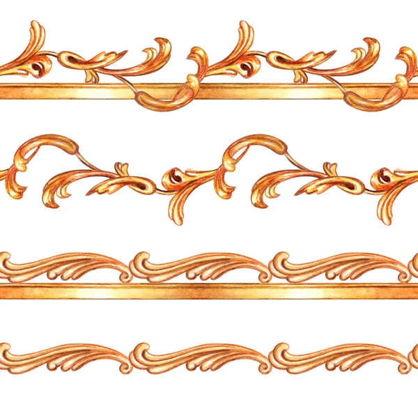 Barok, suluboya desen izole beyaz zemin üzerine altın sorunsuz kenarlık.