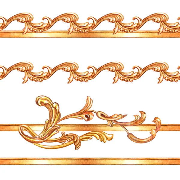 Golden seamless border of baroque, watercolor pattern on white background, isolated.