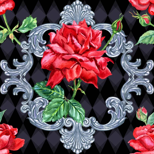 Bezproblémové Vzor Červených Růží Pozadí Obrovské Barokní Rámečků Akvarel Ilustrace — Stock fotografie